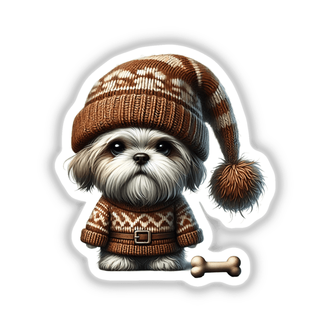 Cartoon Shih Tzu Gnome with Dog Bone wearing a knit hat and sweater, available as stickers or digital artwork from Decal Venue.