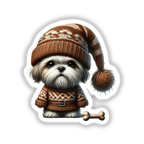 Cartoon Shih Tzu Gnome with Dog Bone wearing a knit hat and sweater, available as stickers or digital artwork from Decal Venue.