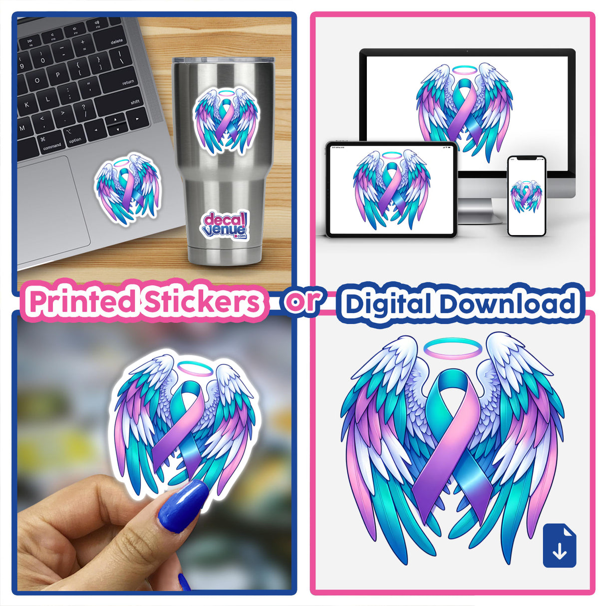 Suicide Awareness Ribbon with Wings sticker displayed on a laptop, featuring a ribbon with wings and halo design. Available as vinyl stickers or digital artwork.