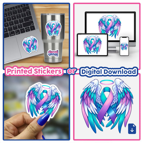 Suicide Awareness Ribbon with Wings sticker displayed on a laptop, featuring a ribbon with wings and halo design. Available as vinyl stickers or digital artwork.