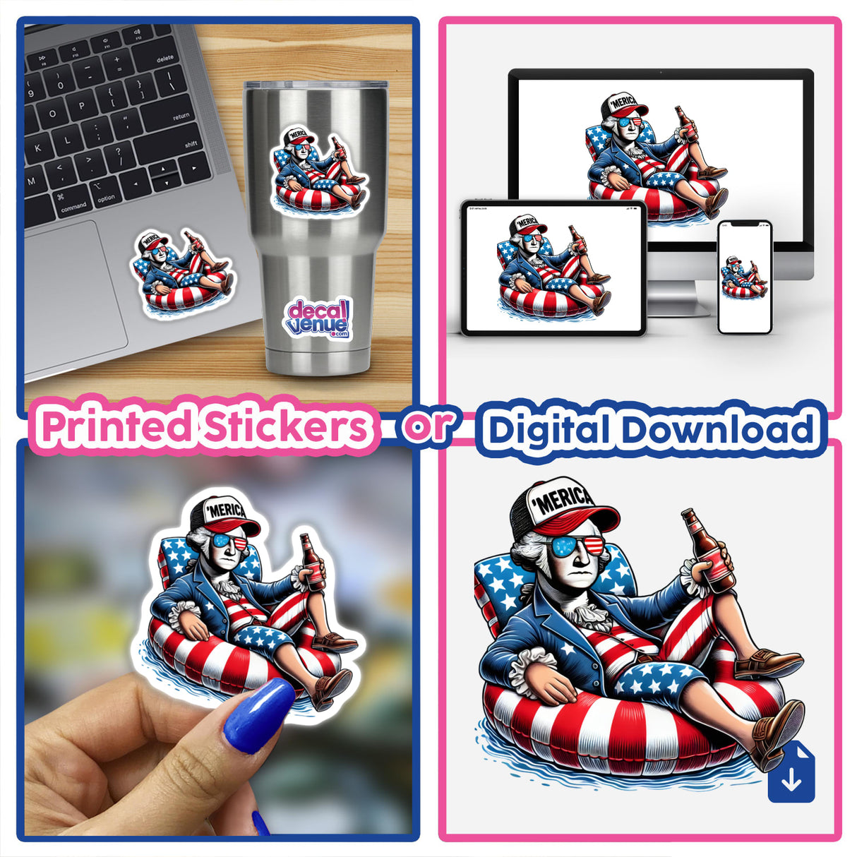 Collage featuring a laptop with George Washington American Flag Float Merica sticker, and cartoon images of a man on an inflatable tube with a beer. Available as stickers or digital artwork.