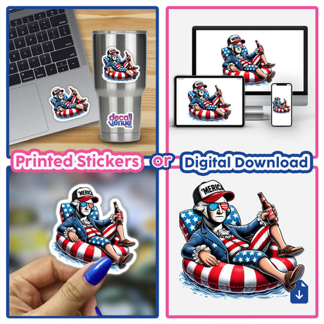 Collage featuring a laptop with George Washington American Flag Float Merica sticker, and cartoon images of a man on an inflatable tube with a beer. Available as stickers or digital artwork.