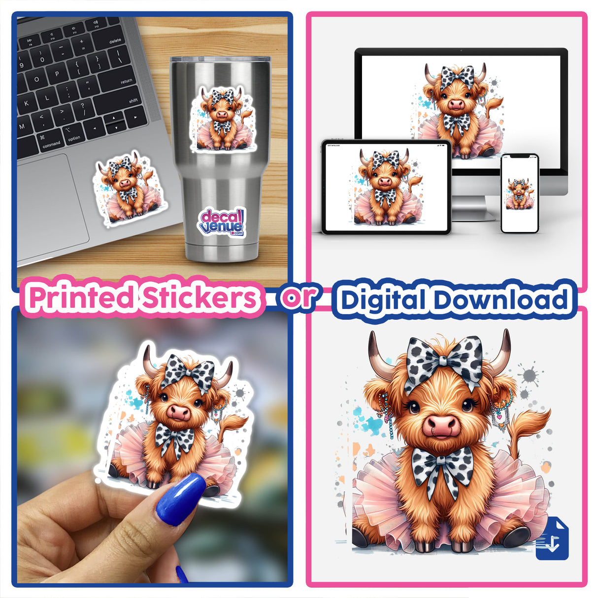 Cute Highland Cow in a Tutu - Vibrant digital artwork of an adorable highland cow wearing a colorful tutu, showcased on various products and devices.