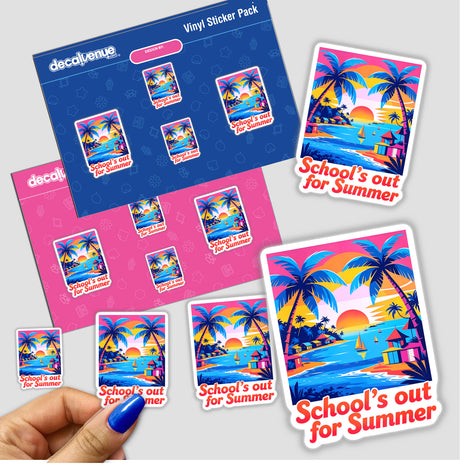 A hand holds a sticker pack titled School's Out For Summer Quote, featuring designs with palm trees and beach scenery, available as stickers or digital artwork from Decal Venue.