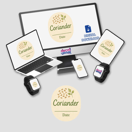Coriander Spice Jar Label – Printable Summer Cottagecore Sticker features a watercolor design of coriander seeds and a green sprig on a vintage cream background, with Coriander in a handwritten font.