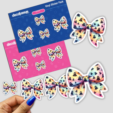 Ghost Pattern Coquette Bow sticker pack featuring colorful bows with ghost designs, perfect for creative decoration.