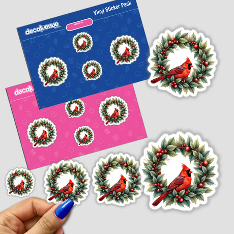 Red Cardinal Bird in a Christmas Wreath sticker, featuring a detailed bird perched in a festive wreath with berries, available as stickers or digital artwork from Decal Venue.