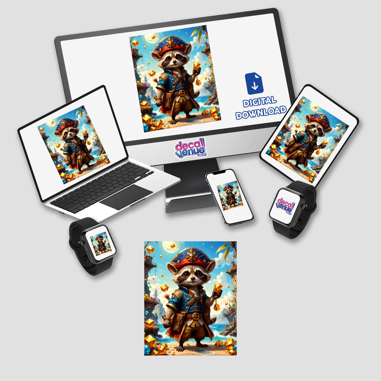A Cute Fantasy Raccoon Pirate displayed on a computer monitor and laptop, available as vinyl stickers or digital artwork.