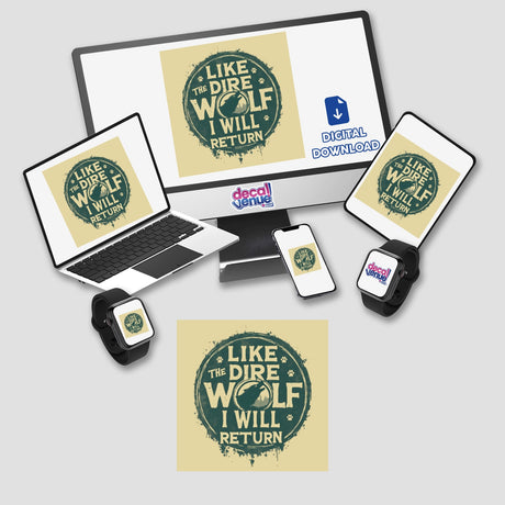 Dire Wolf Return sticker or digital artwork featuring a vintage wolf text design on a laptop screen, embodying a blend of modern technology and nostalgic style, ideal for creative expression.