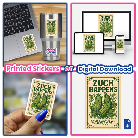 National Zucchini Day Sticker or Clipart with Commercial Rights - Zuch Happens Design featuring playful zucchini-themed artwork, available as unique stickers or digital art, embodying Decal Venue's creative vinyl style.