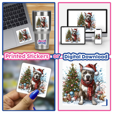 Watercolor Christmas Pitbull Dog stickers and digital artwork, featuring a pitbull wearing a festive hat and scarf, with Christmas themes like trees and laptops in a collage.
