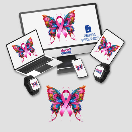Butterfly Pink Ribbon Breast Cancer Awareness features a laptop and monitor displaying butterflies with pink ribbons, available as stickers or digital artwork, embodying Decal Venue's unique vinyl sticker and art style.