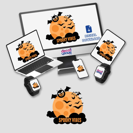 Spooky Vibes sticker or digital art featuring a laptop, smart watch, and cellphone with bats and logos, ideal for those seeking unique designs from Decal Venue.
