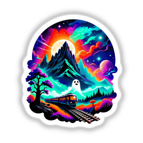 The Magical Ghost Train illustration features a train navigating a mountain landscape with whimsical elements like a cartoon ghost, available as stickers or digital artwork from Decal Venue.