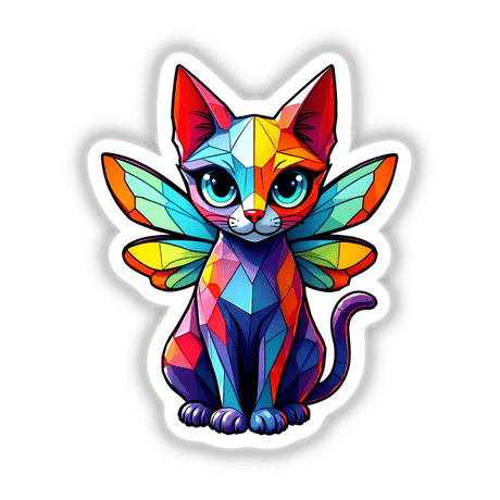 Cute Geometric Fairy Cat illustration featuring a colorful cat with wings, available as stickers or digital artwork, perfect for fans of unique, whimsical designs.