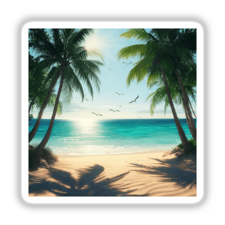 Tropical Paradise Seagulls Over Ocean Shore artwork featuring palm trees and seagulls above a beach, available as stickers or digital artwork from Decal Venue, captures the essence of serene coastal beauty.