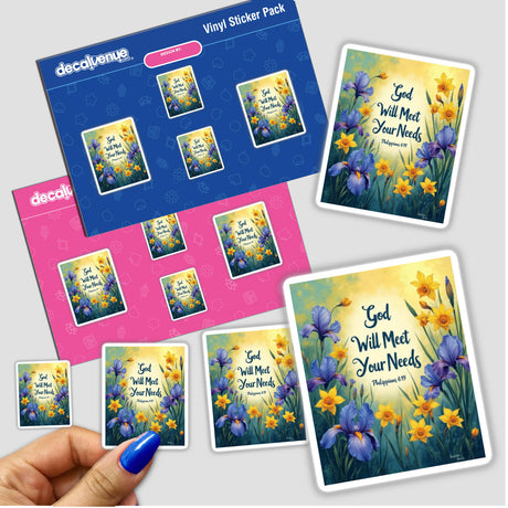 Hand holding Fauvist Spring Daffodil “God Will Meet Your Needs” Philippians 4:19 sticker pack, showcasing vibrant designs available as stickers or digital artwork with commercial rights.