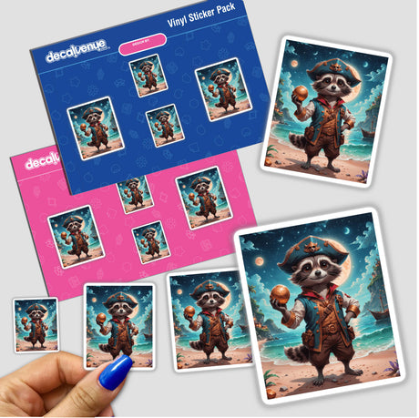 Cute Fantasy Raccoon Pirate stickers featuring a cartoon raccoon holding a ball, ideal for fans of whimsical vinyl stickers and digital artwork from Decal Venue.