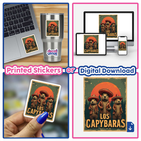 Los Capybaras Sticker or Clipart features a humorous capybara with a sombrero, ideal for laptops, showcasing Decal Venue's unique vinyl stickers and digital art offerings.