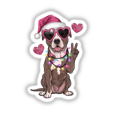 Christmas Santa Pitbull Dog Peace Sign III featuring a cartoon pitbull in a Santa hat and sunglasses, available as stickers or digital artwork from Decal Venue.