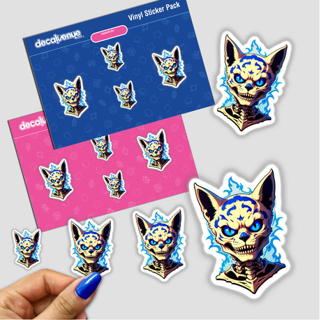 Sticker featuring A Cool Undead Cat Skeleton with blue eyes, showcasing a cartoon-style design. Available as a sticker or digital artwork. Ideal for fans of unique and quirky decals.