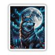 A digital artwork titled A Wolf In The Night With A Bright Moon, featuring a wolf with glowing eyes gazing at the moon, available as stickers or digital art.