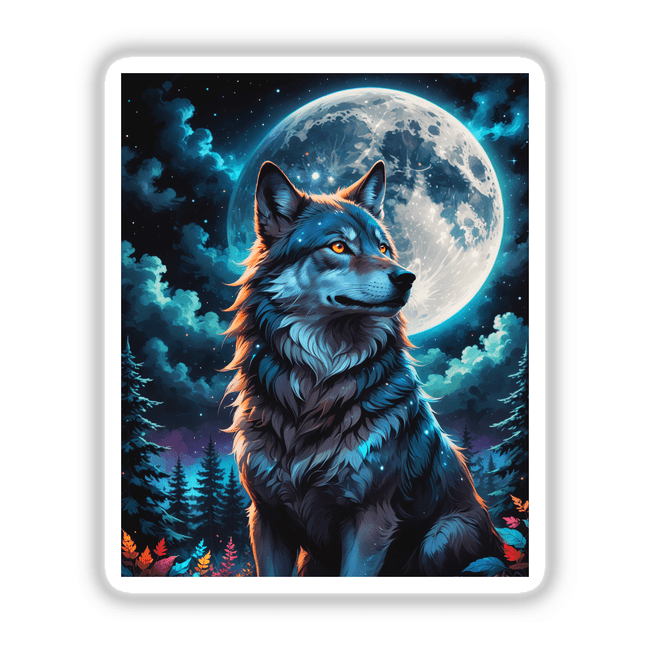 A digital artwork titled A Wolf In The Night With A Bright Moon, featuring a wolf with glowing eyes gazing at the moon, available as stickers or digital art.