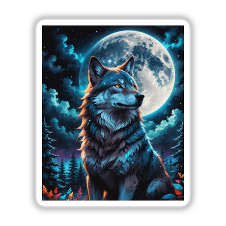 A digital artwork titled A Wolf In The Night With A Bright Moon, featuring a wolf with glowing eyes gazing at the moon, available as stickers or digital art.