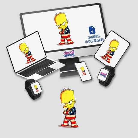 A laptop and monitor display a cartoon character titled A Funny Guy With An American Flag Outfit, available as stickers or digital artwork from Decal Venue.