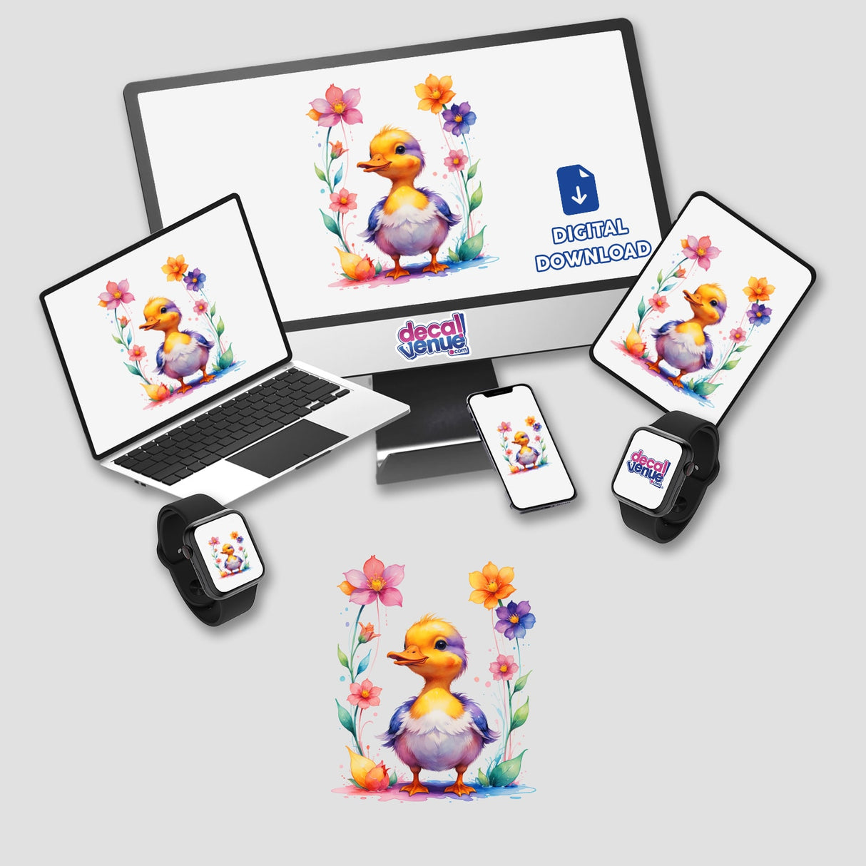 Cute Baby Duck with Blooming Flowers on a computer monitor and laptop screen, available as stickers or digital artwork, from Decal Venue's unique vinyl and digital art collection.