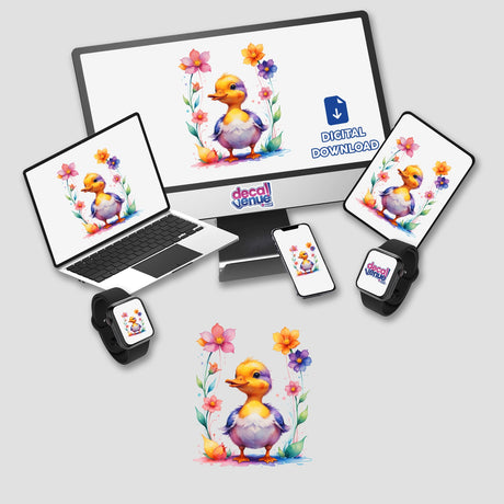 Cute Baby Duck with Blooming Flowers on a computer monitor and laptop screen, available as stickers or digital artwork, from Decal Venue's unique vinyl and digital art collection.
