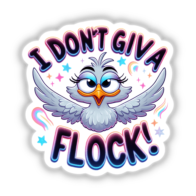 Colorful digital artwork of a cute cartoon bird with the text "I Don't Giva Flock!" displayed prominently.