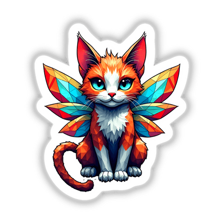 A Cute Geometric Fairy Cat illustration, featuring a whimsical cat with wings, available as stickers or digital artwork from Decal Venue. Perfect for adding charm to your collection.