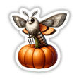 Moth Perched on a Pumpkin: A cartoon depiction of a moth sitting on a pumpkin, available as stickers or digital artwork.