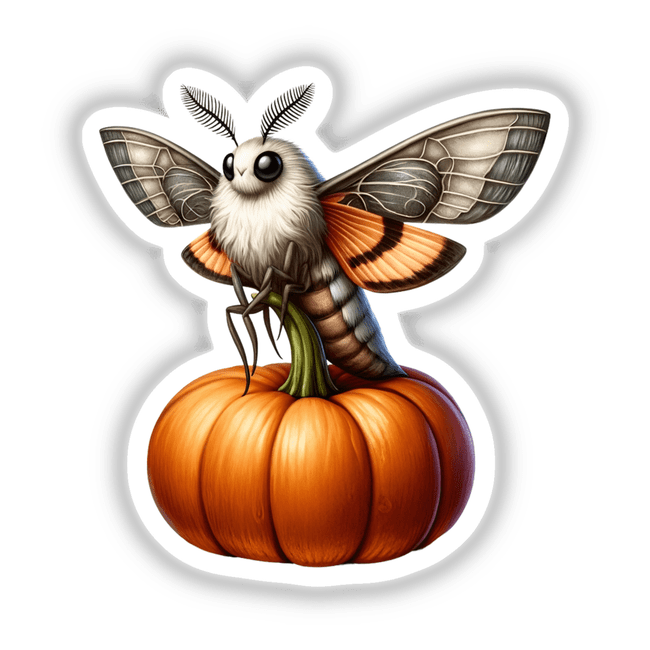 Moth Perched on a Pumpkin: A cartoon depiction of a moth sitting on a pumpkin, available as stickers or digital artwork.