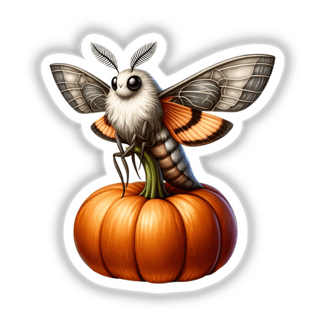 Moth Perched on a Pumpkin: A cartoon depiction of a moth sitting on a pumpkin, available as stickers or digital artwork.