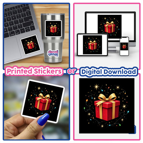 Red Present with Gold Ribbon and Christmas Lights depicted as a sticker or digital artwork, featuring a festive gift box design against a backdrop of laptops and digital interfaces.