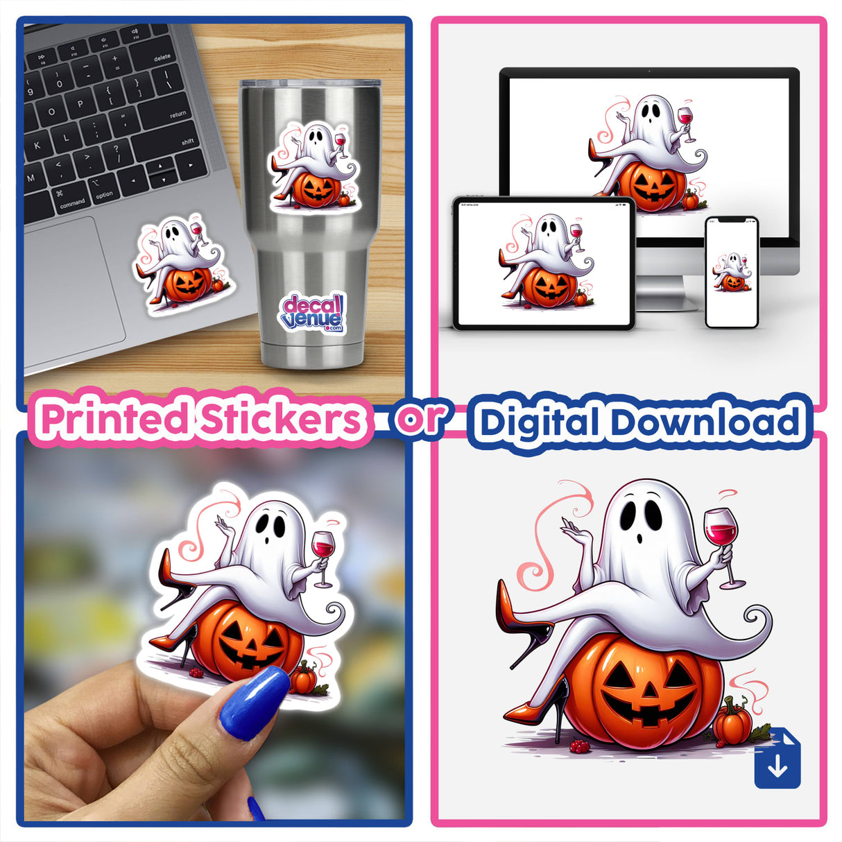 Tipsy Wine Drinking Halloween Ghost Stiletto Lady stickers and digital download featuring a cartoon ghost sitting on a pumpkin, displayed on various items like laptops and cups.