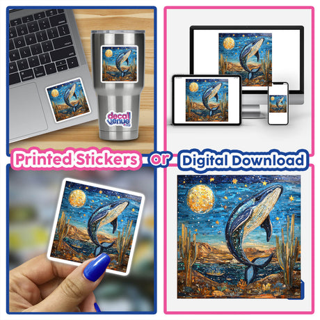 Collage featuring the Celestial Whale and Desert Landscape Mosaic on various gadgets, including a laptop, showcasing the unique digital artwork available as stickers or prints.