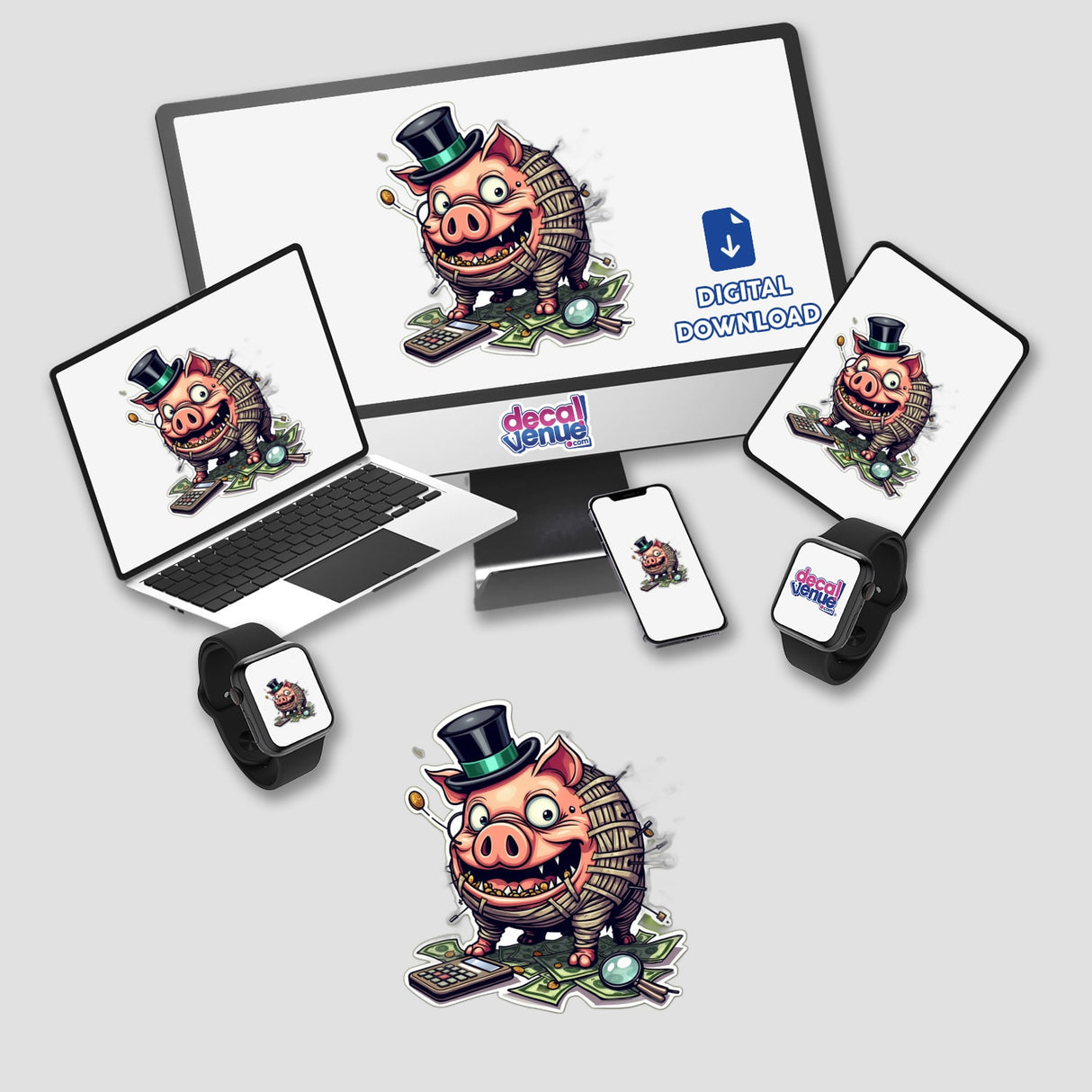Porco Cofre digital artwork displayed on various devices, featuring a cartoon pig with money and a calculator, available as stickers or digital art from Decal Venue.