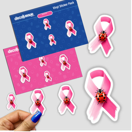 Ladybug Pink Ribbon Breast Cancer sticker pack featuring ladybugs on pink ribbons, highlighting awareness and support. Perfect for adding a unique touch to personal items from Decal Venue.