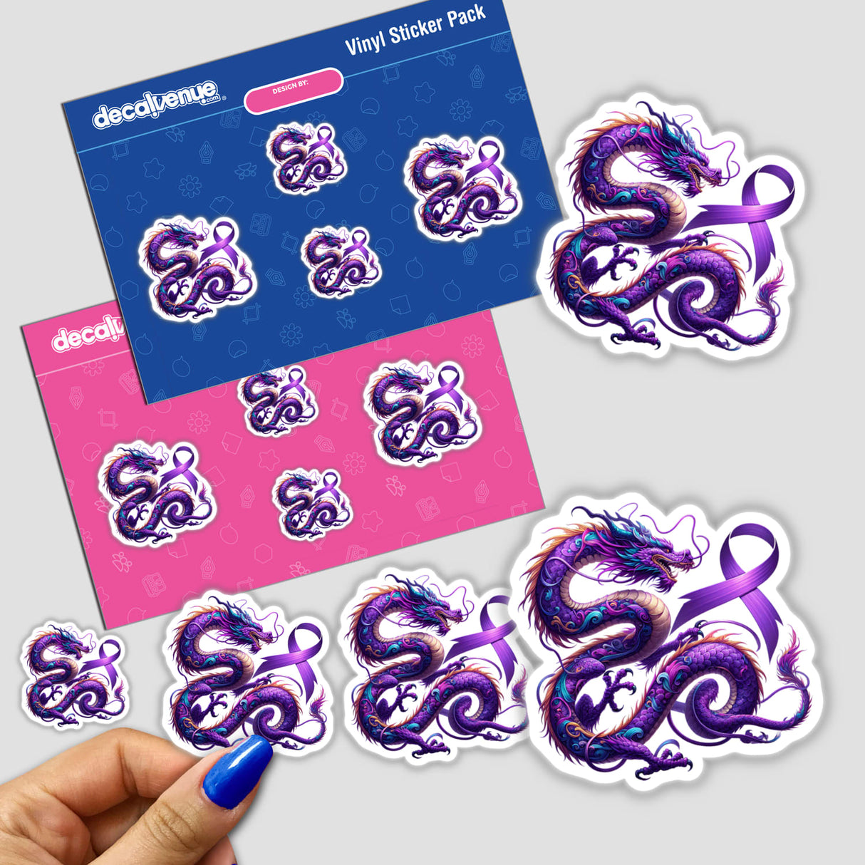 Dragon Lavender Ribbon All Cancers Awareness sticker featuring a detailed purple dragon with a purple ribbon, available as vinyl stickers or digital artwork.