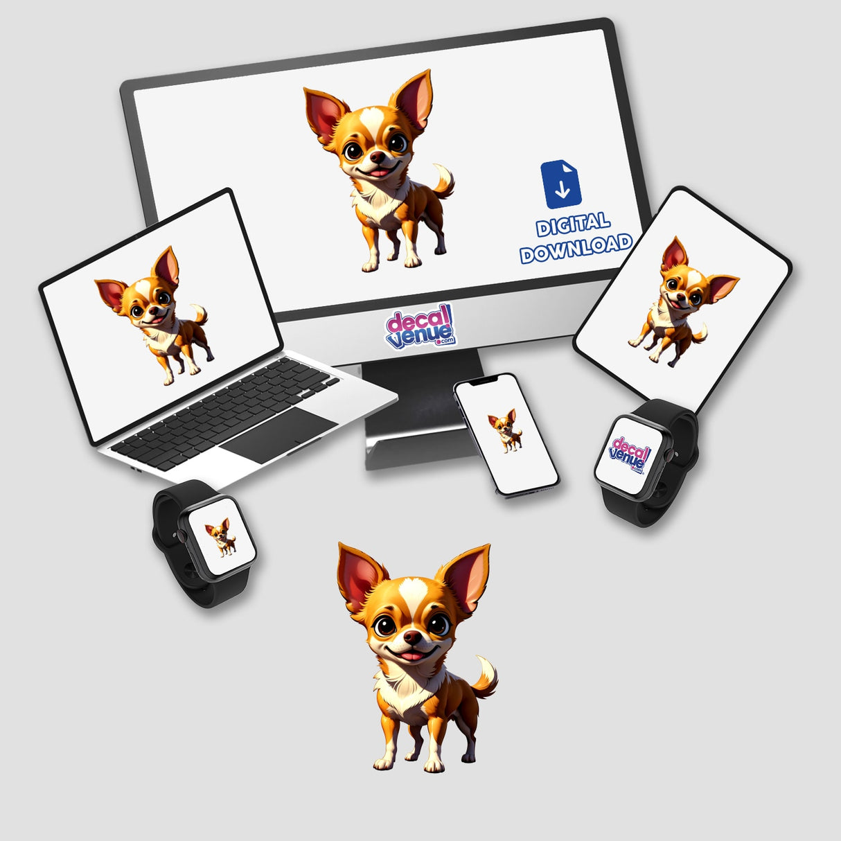 A Cute Chihuahua cartoon appears on a computer monitor and laptop, showcasing its whimsical design. Available as stickers or digital artwork from Decal Venue, ideal for adding charm to your devices.