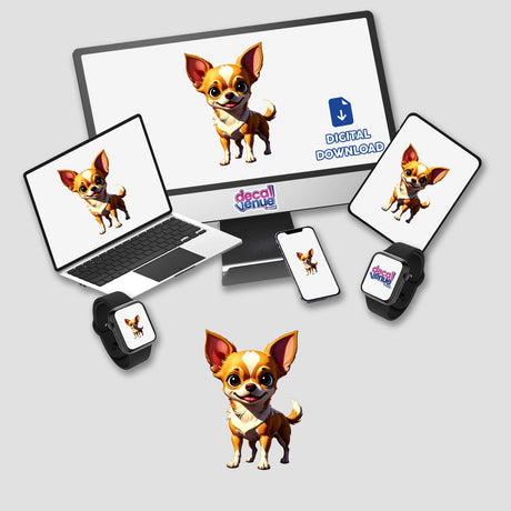 A Cute Chihuahua cartoon appears on a computer monitor and laptop, showcasing its whimsical design. Available as stickers or digital artwork from Decal Venue, ideal for adding charm to your devices.