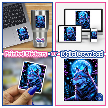 A collage featuring A Wolf In The Night With A Bright Moon as a sticker on a laptop and as digital artwork, showcasing a wolf silhouette against a full moon backdrop.