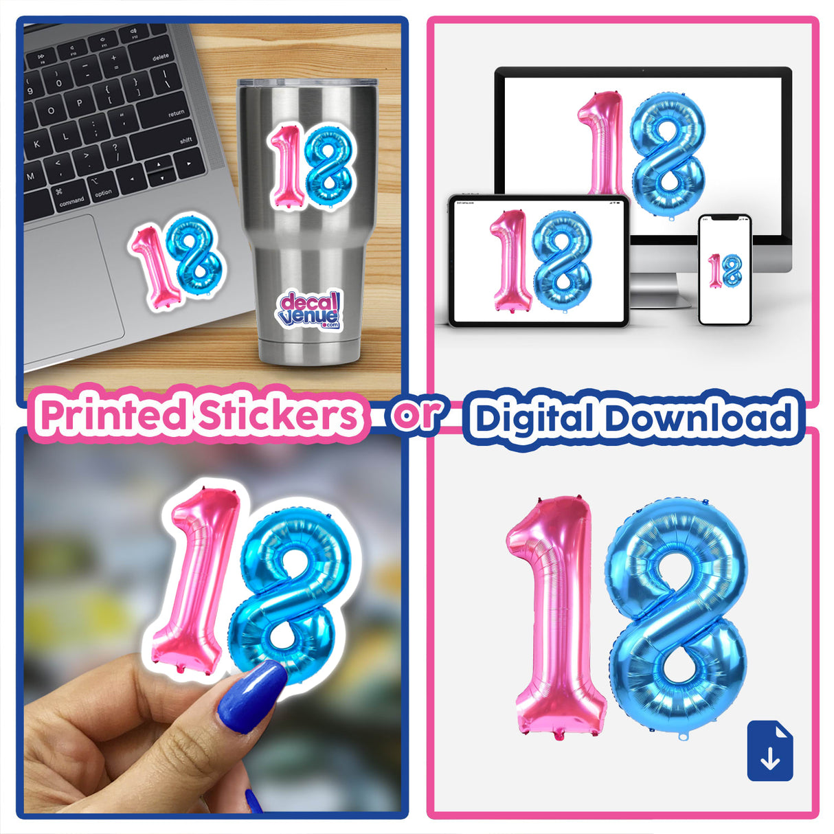 Vibrant pink and blue balloon-shaped #18 digital artwork with laptop keyboard, tumbler, and mobile phone devices shown, indicating availability as printed stickers or digital download format.