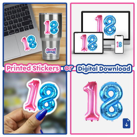 Vibrant pink and blue balloon-shaped #18 digital artwork with laptop keyboard, tumbler, and mobile phone devices shown, indicating availability as printed stickers or digital download format.