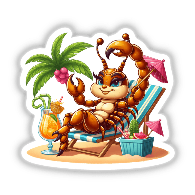 Scorpio Scorpion Girl at the Beach: A cartoon crab lounges on a beach chair, surrounded by tropical elements, available as stickers or digital artwork.