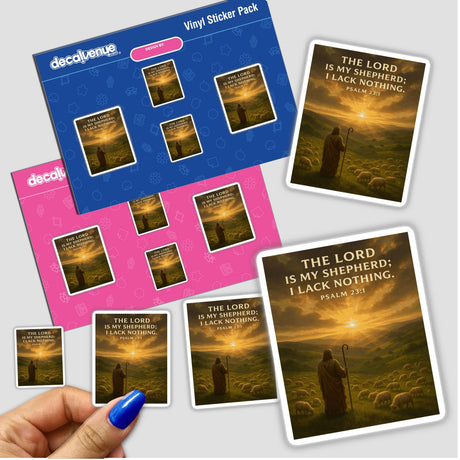 Psalm 23:1 Shepherd Sticker & Printable Wall Art features a shepherd with a serene flock under golden hour light, emphasizing The Lord is my shepherd verse for inspirational Christian decor.