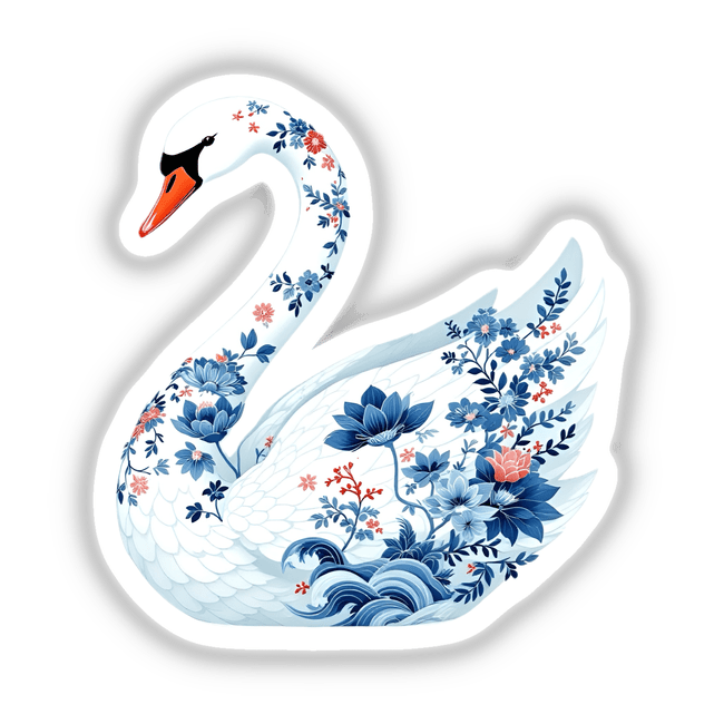 Chinoiserie Swan: An artistic depiction of a white swan adorned with intricate blue flowers, available as unique stickers or digital artwork from Decal Venue.